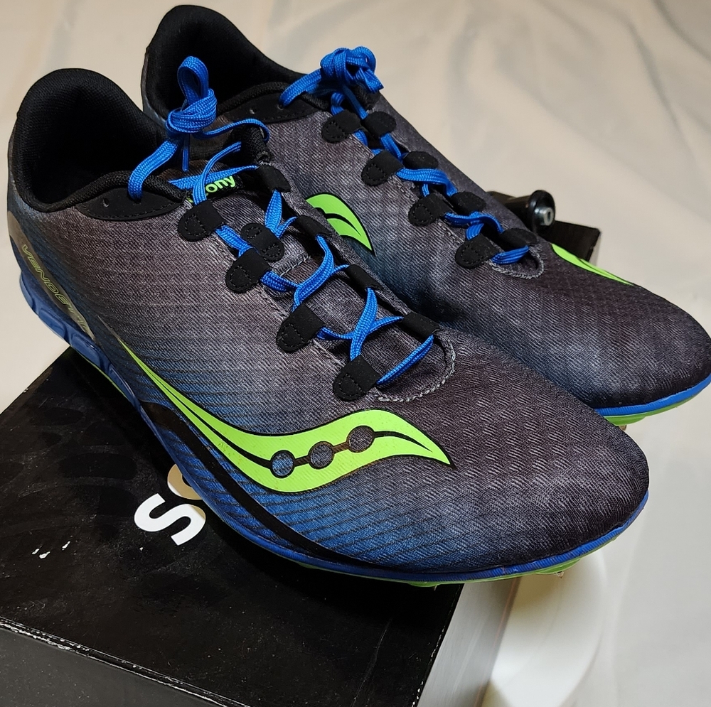 BOGO $2 Saucony Men's Vendetta Track Shoes with Spikes, Grey/Blue/Green 14 EUC
